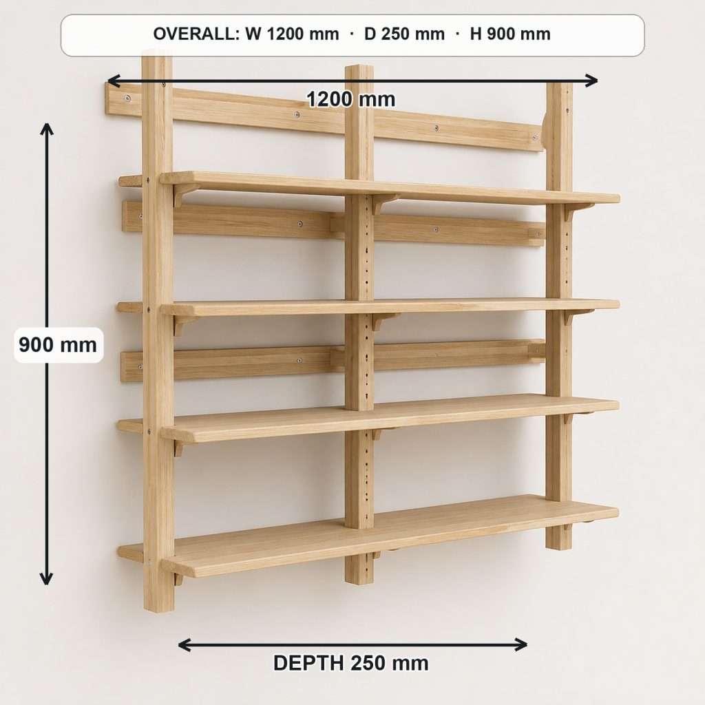 modular ash wall shelving unit rear construction and support, overall dimensions 1200 mm wide × 250 mm deep × 900 mm high