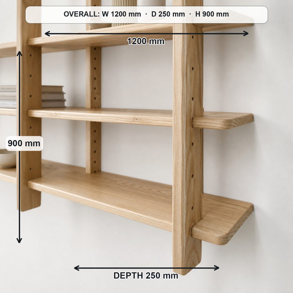modular ash wall shelving unit primary joinery detail, overall dimensions 1200 mm wide × 250 mm deep × 900 mm high