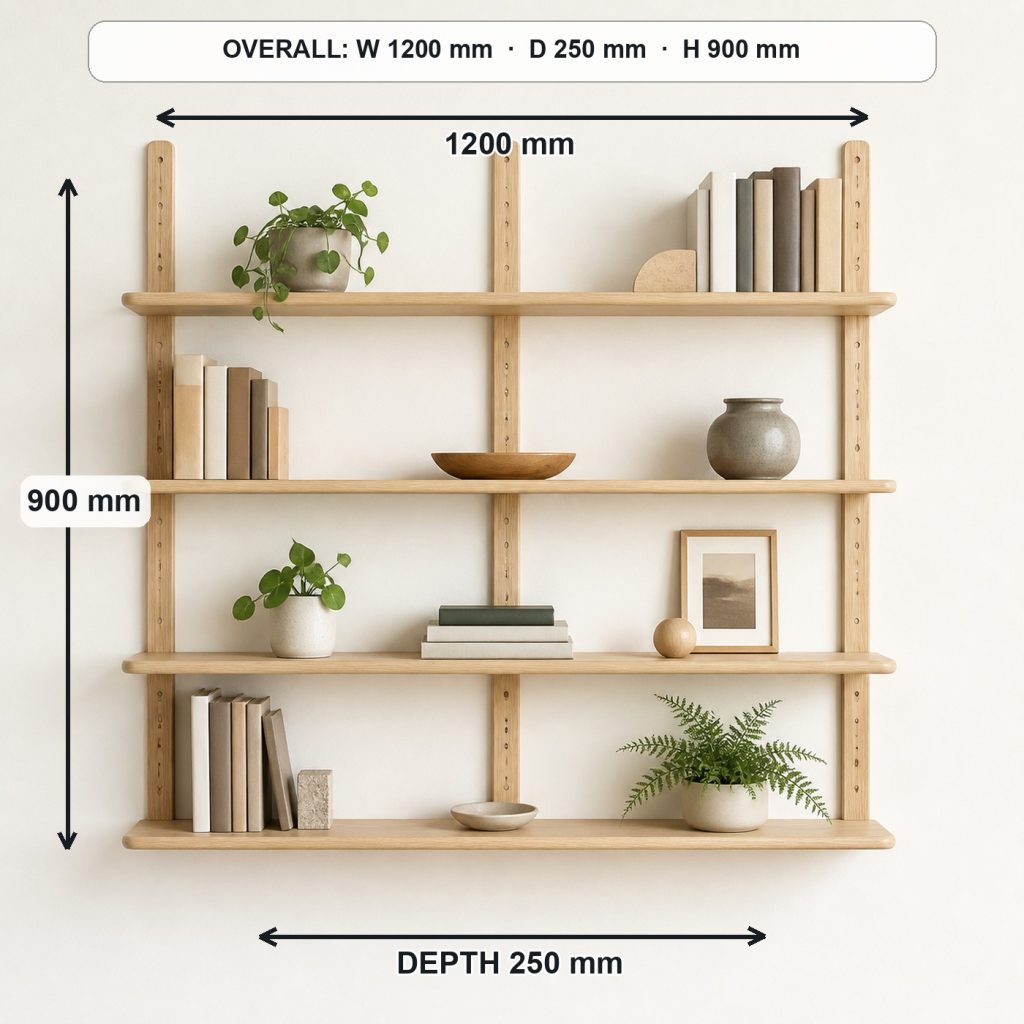 modular ash wall shelving unit storage or functional detail, overall dimensions 1200 mm wide × 250 mm deep × 900 mm high