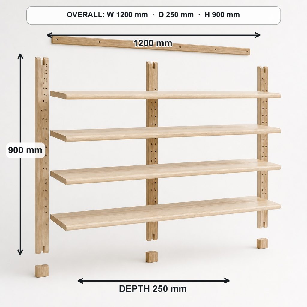 modular ash wall shelving unit exploded construction overview, overall dimensions 1200 mm wide × 250 mm deep × 900 mm high