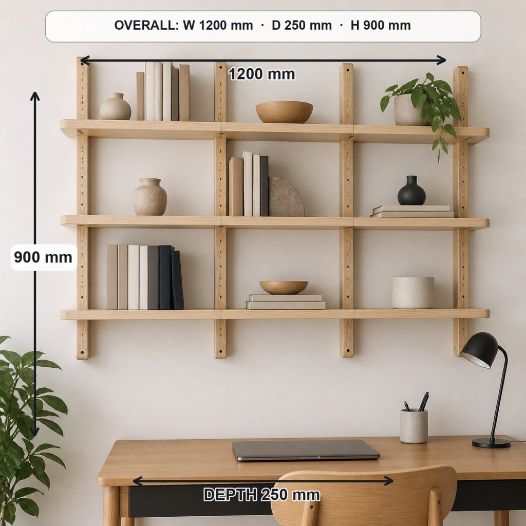 modular ash wall shelving unit project shown in a real room, overall dimensions 1200 mm wide × 250 mm deep × 900 mm high