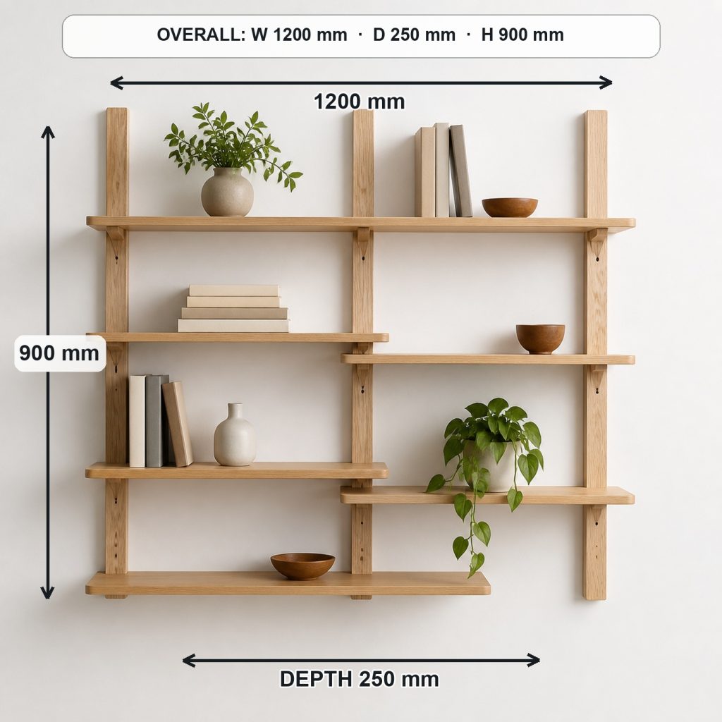 modular ash wall shelving unit finished project variation, overall dimensions 1200 mm wide × 250 mm deep × 900 mm high