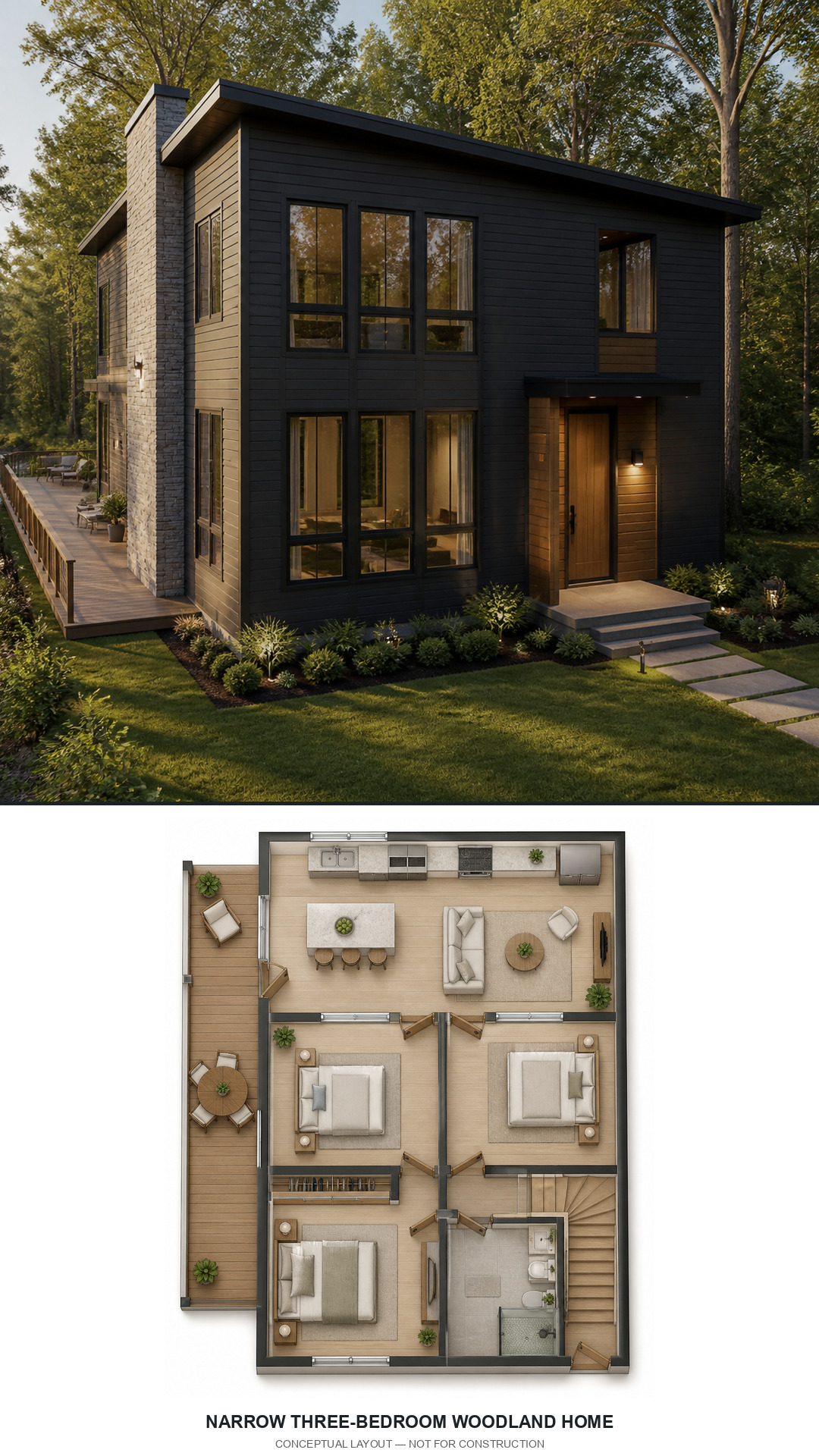 Narrow Three-Bedroom Woodland Home exterior and conceptual floor plan
