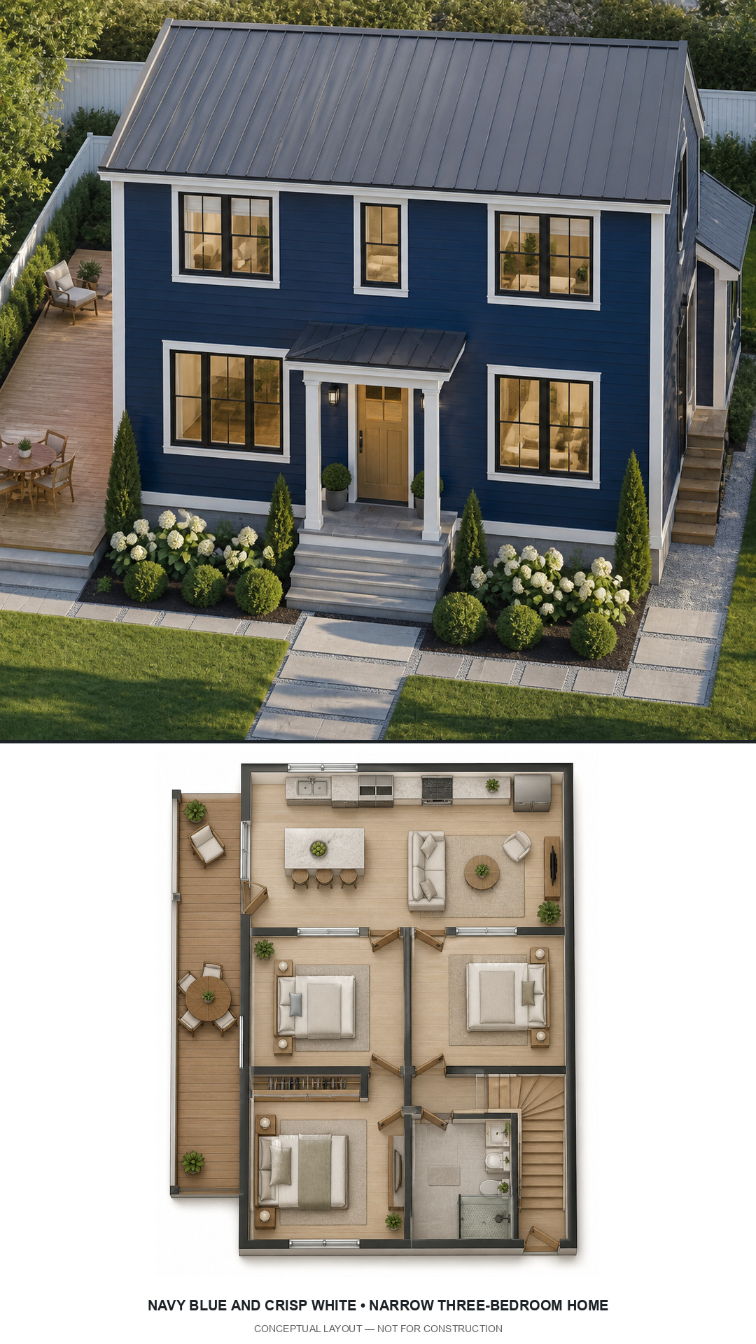 Navy Blue and Crisp White Narrow Three-Bedroom Home exterior and furnished conceptual floor plan