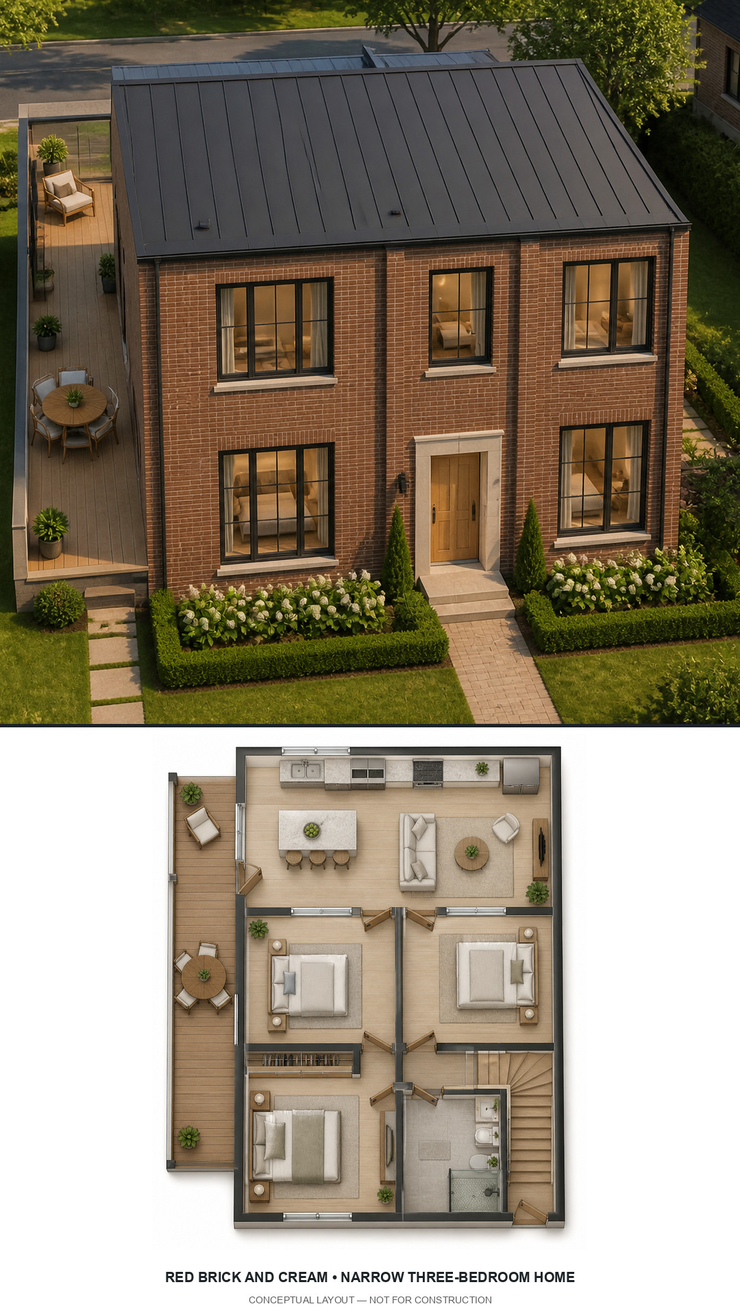 Red Brick and Cream Narrow Three-Bedroom Home exterior and furnished conceptual floor plan