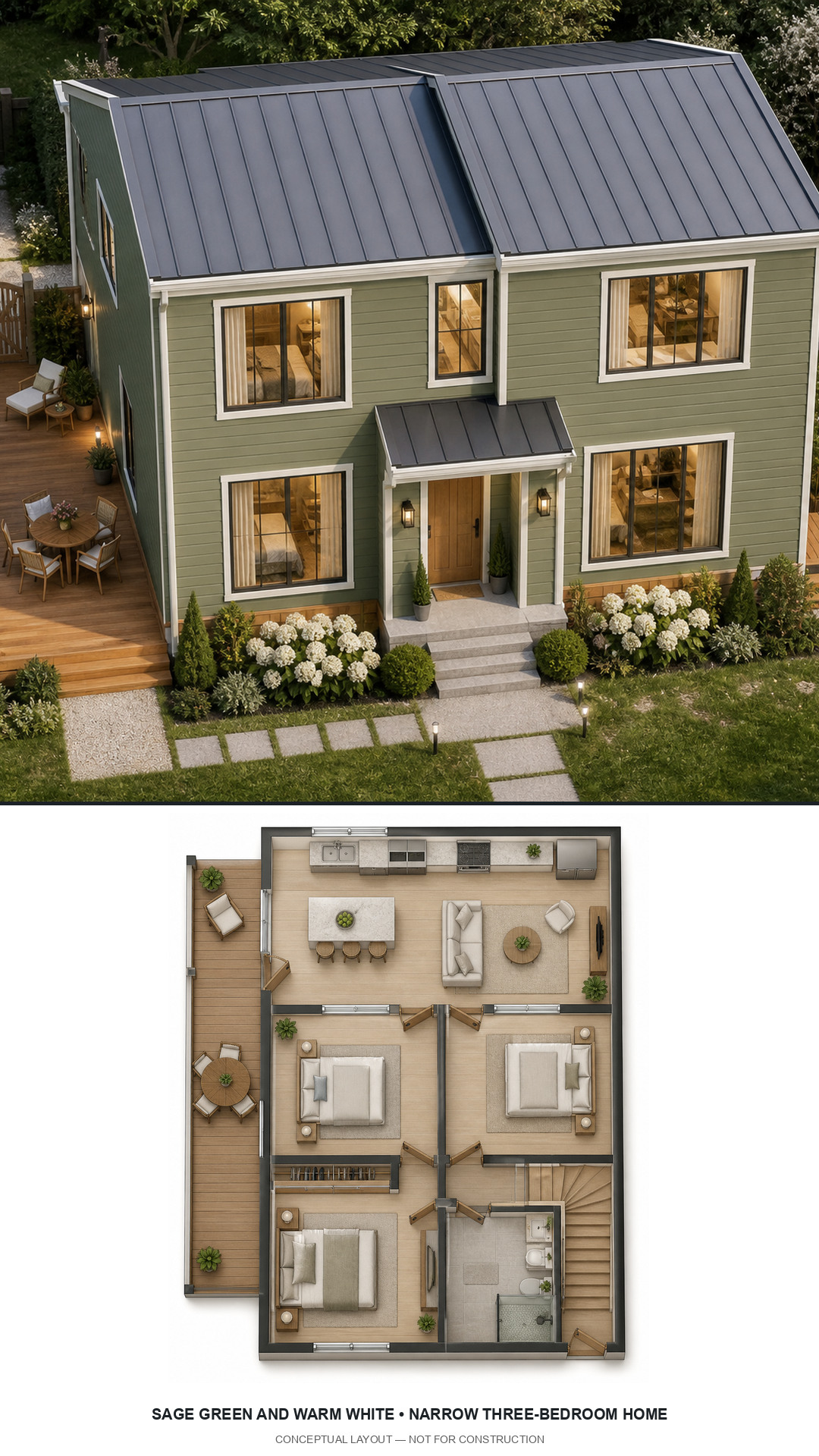 Sage Green and Warm White Narrow Three-Bedroom Home exterior and furnished conceptual floor plan