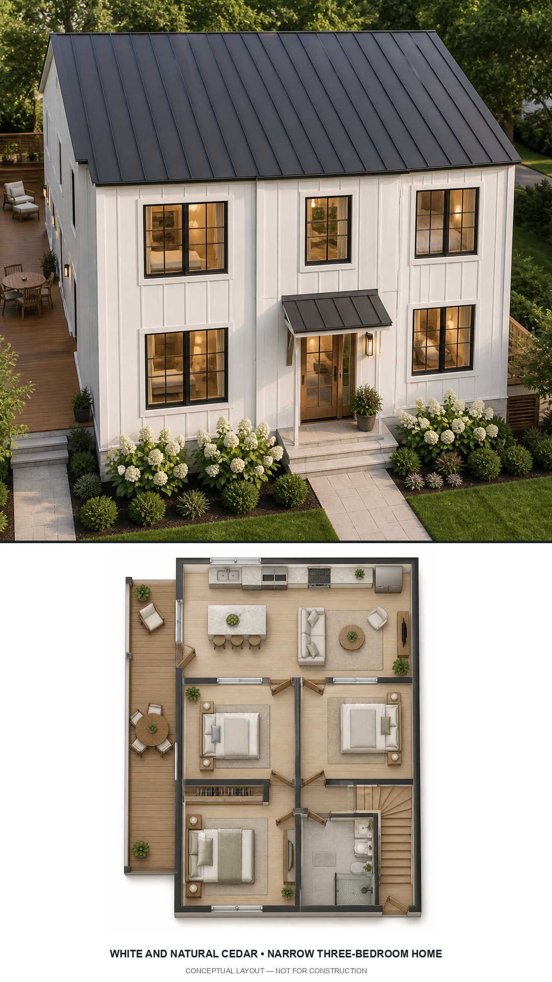 White and Natural Cedar Narrow Three-Bedroom Home exterior and furnished conceptual floor plan