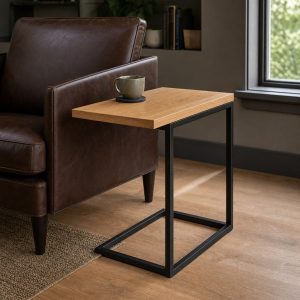 C-Shaped Side Table With an Oak Top and Steel Base