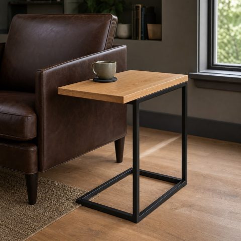 C-Shaped Side Table With an Oak Top and Steel Base