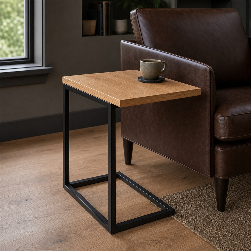 C-Shaped Side Table With an Oak Top and Steel Base - alternate full view