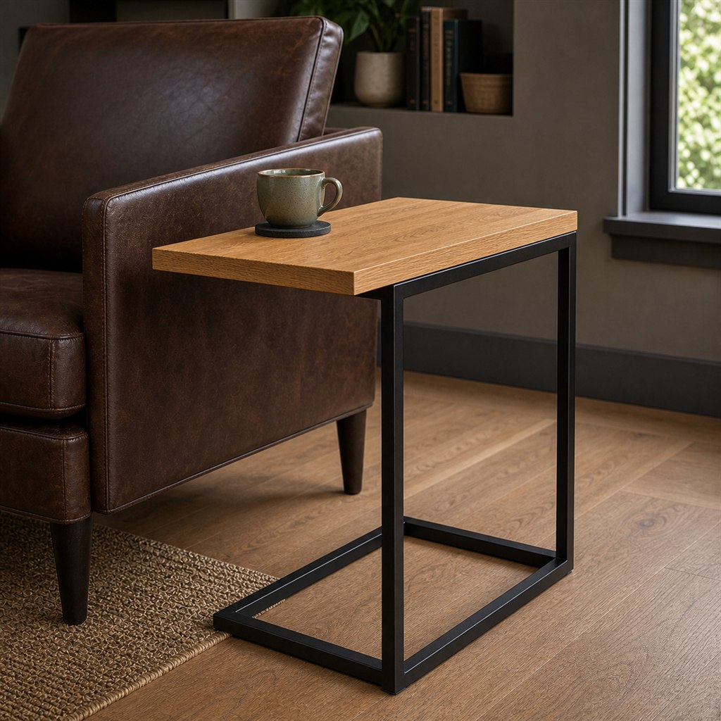 C-Shaped Side Table With an Oak Top and Steel Base - steel-frame detail