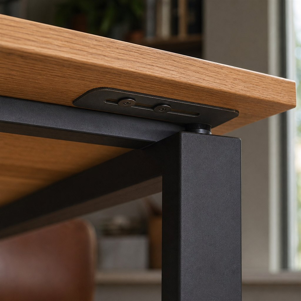 C-Shaped Side Table With an Oak Top and Steel Base - wood-to-steel interface detail