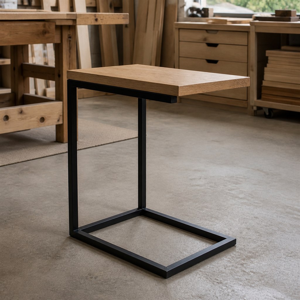 C-Shaped Side Table With an Oak Top and Steel Base - workshop dry-assembly view