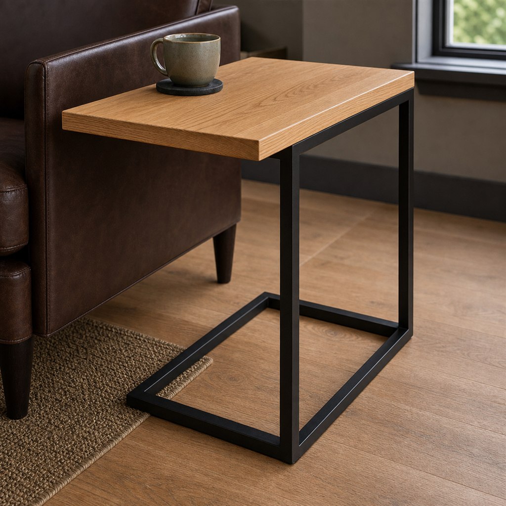 C-Shaped Side Table With an Oak Top and Steel Base - finished material detail