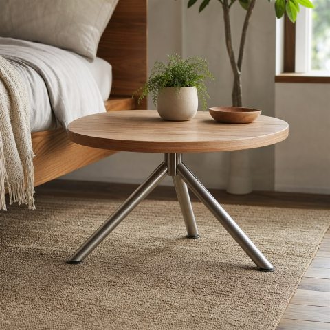 Round Side Table With an Ash Top and Tripod Steel Legs