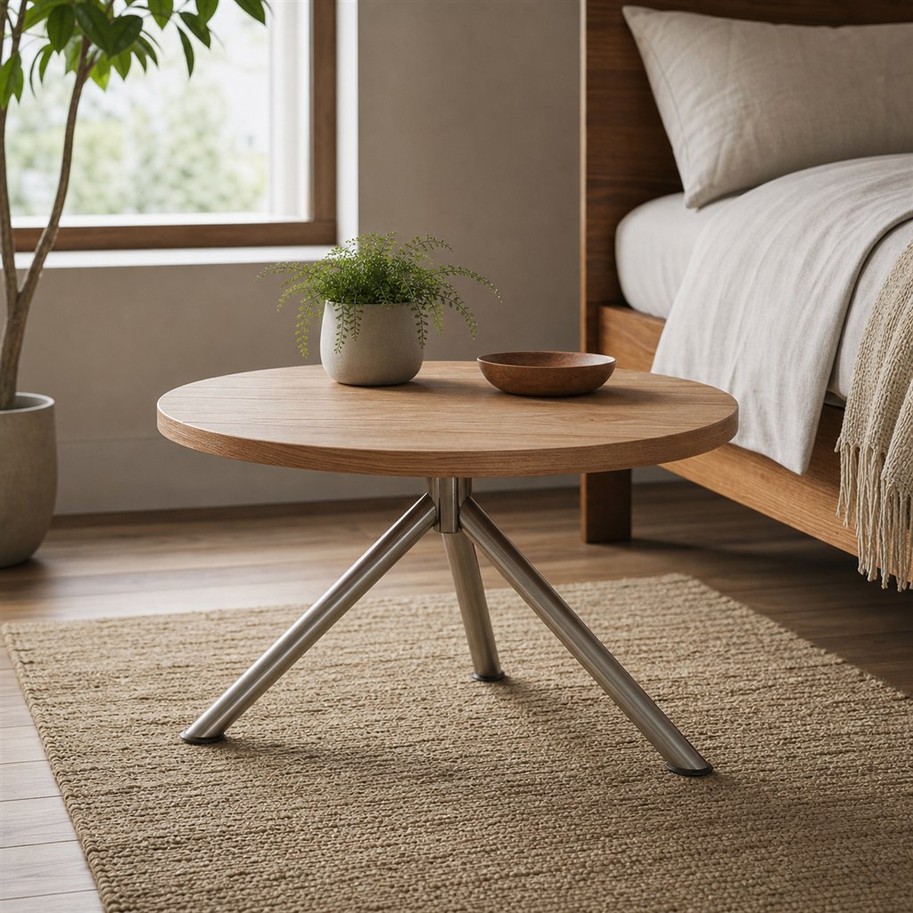 Round Side Table With an Ash Top and Tripod Steel Legs - alternate full view