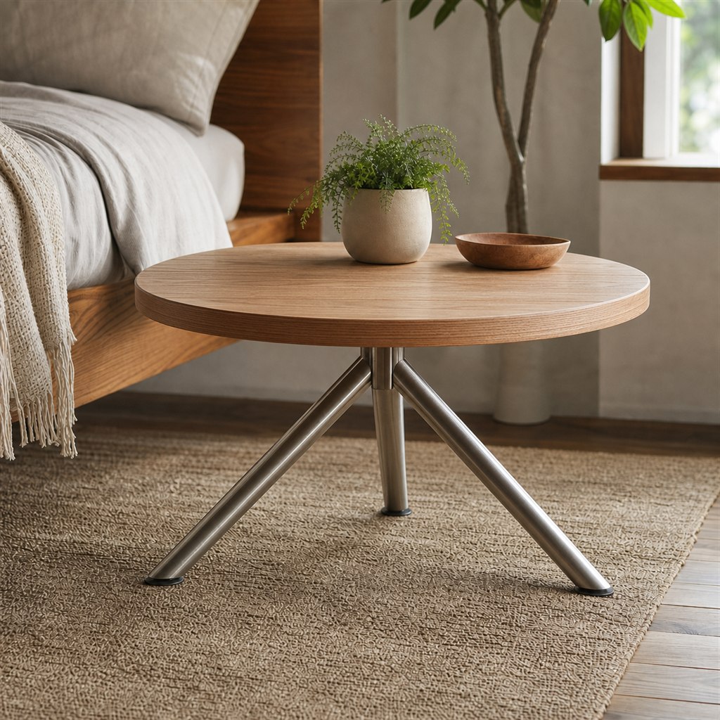 Round Side Table With an Ash Top and Tripod Steel Legs - steel-frame detail