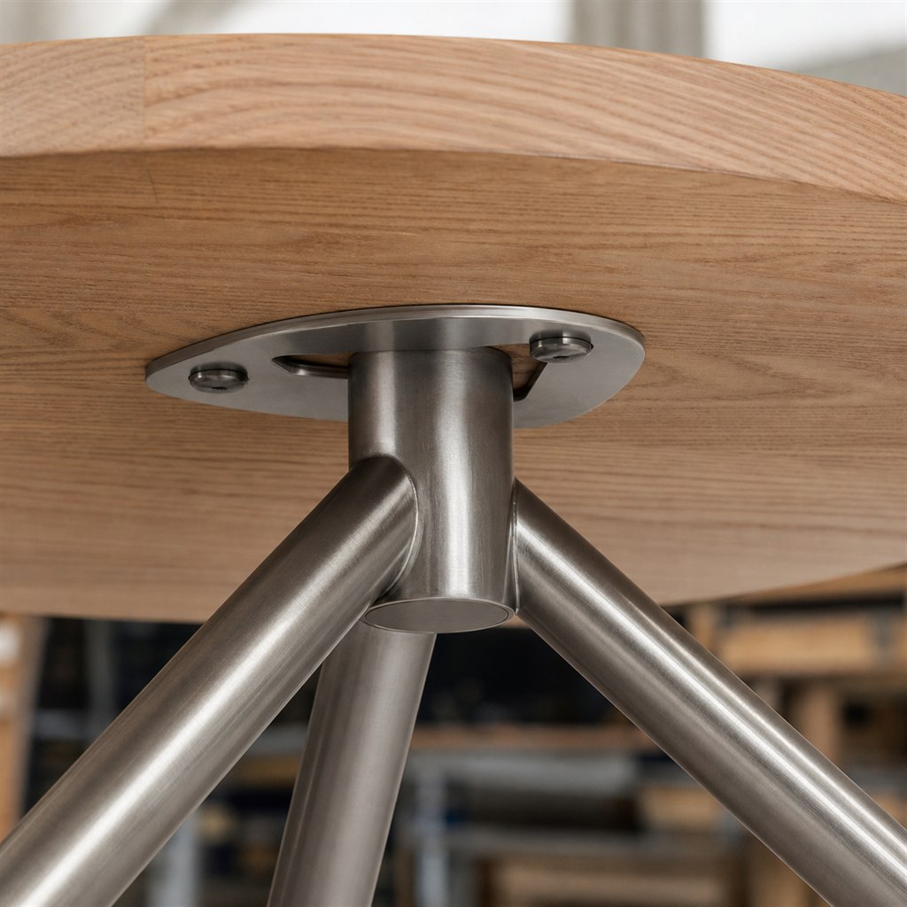 Round Side Table With an Ash Top and Tripod Steel Legs - wood-to-steel interface detail