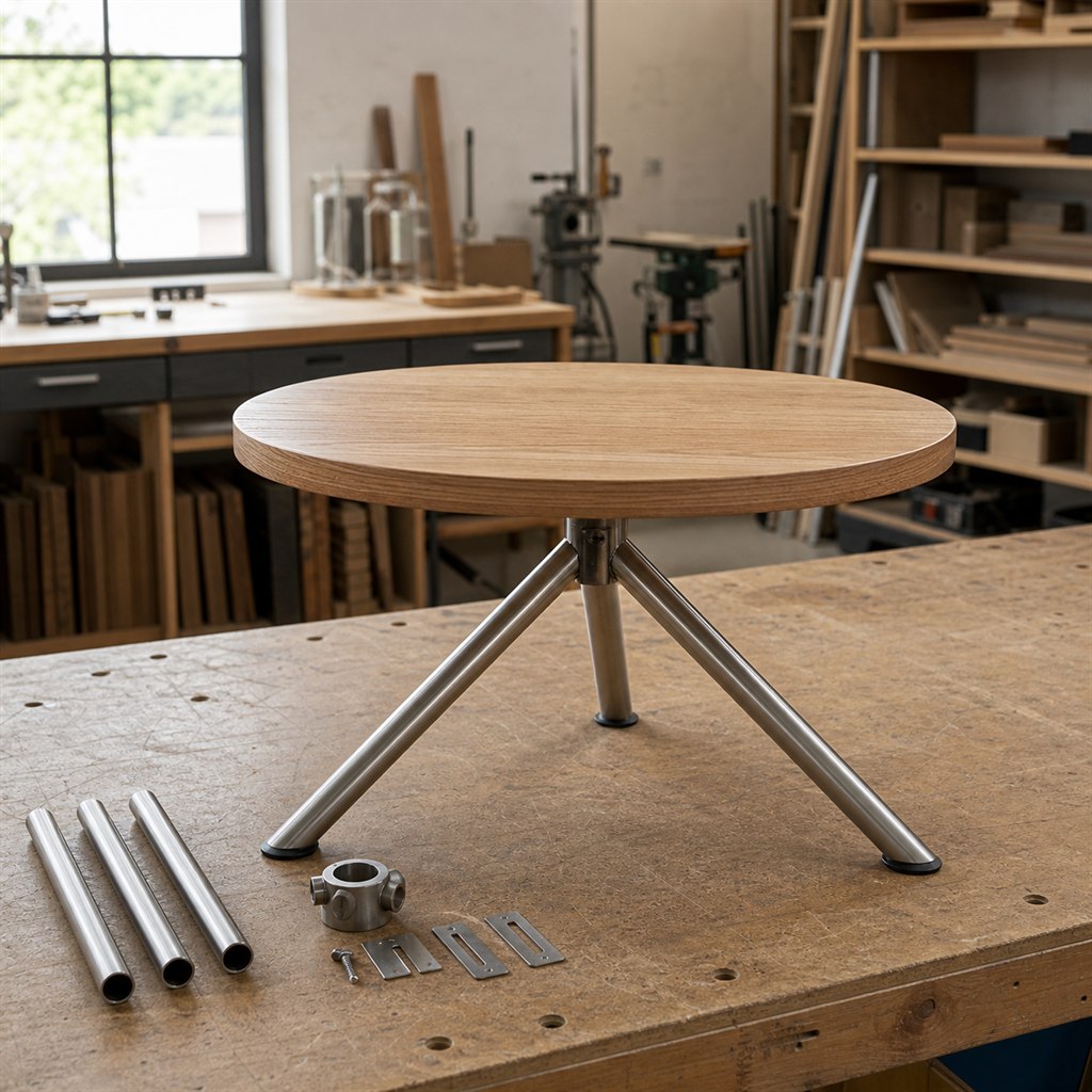Round Side Table With an Ash Top and Tripod Steel Legs - workshop dry-assembly view