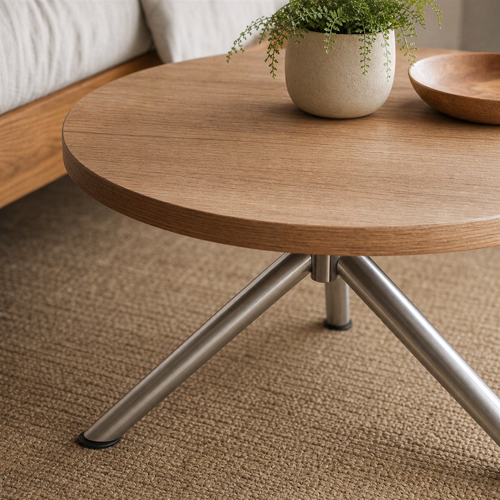 Round Side Table With an Ash Top and Tripod Steel Legs - finished material detail