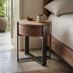 Bedside Table With a Walnut Drawer and Steel Frame