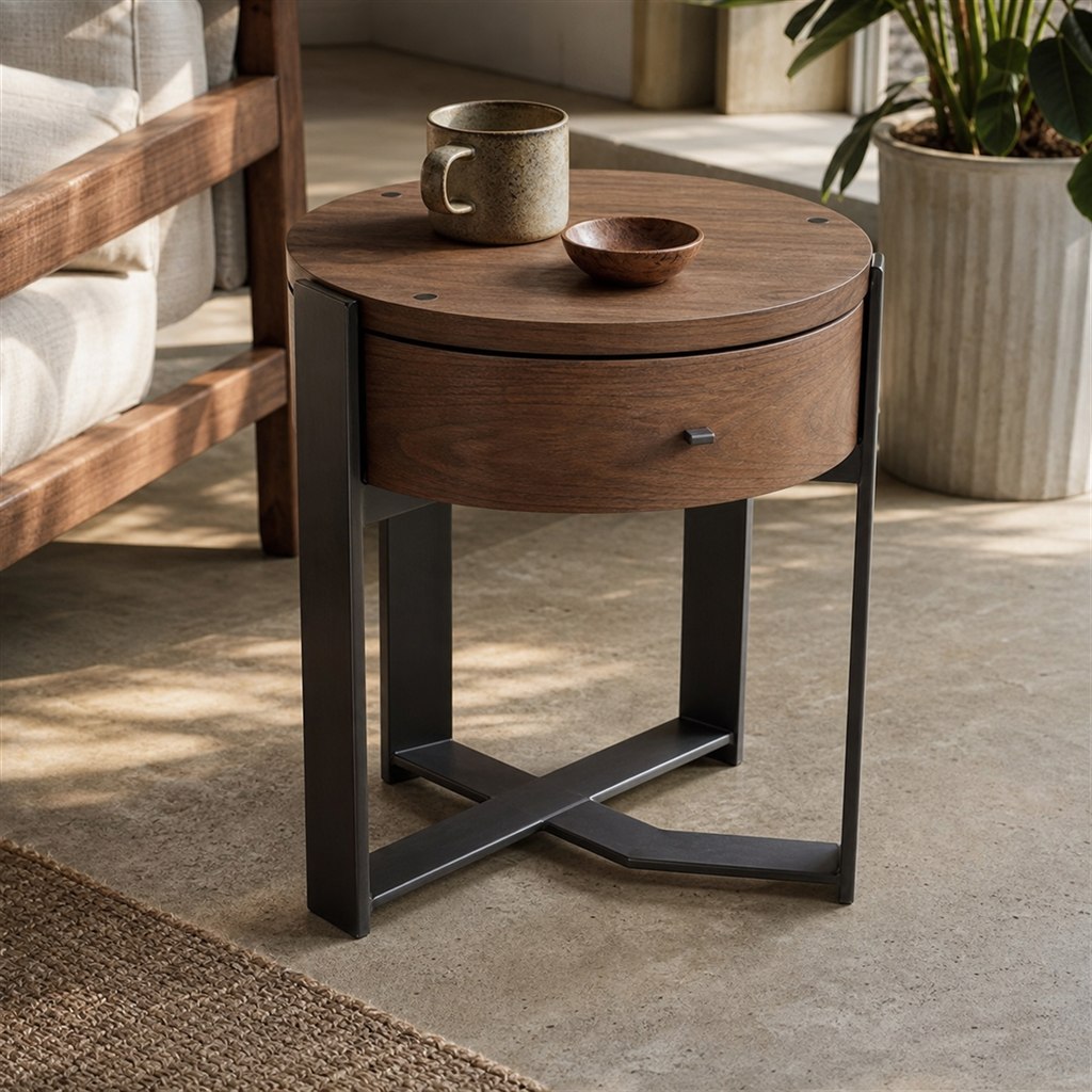 Bedside Table With a Walnut Drawer and Steel Frame - alternate full view