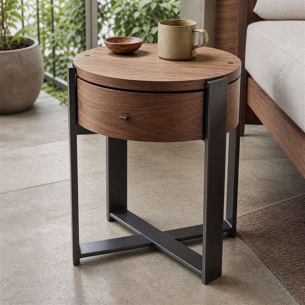 Bedside Table With a Walnut Drawer and Steel Frame - steel-frame detail
