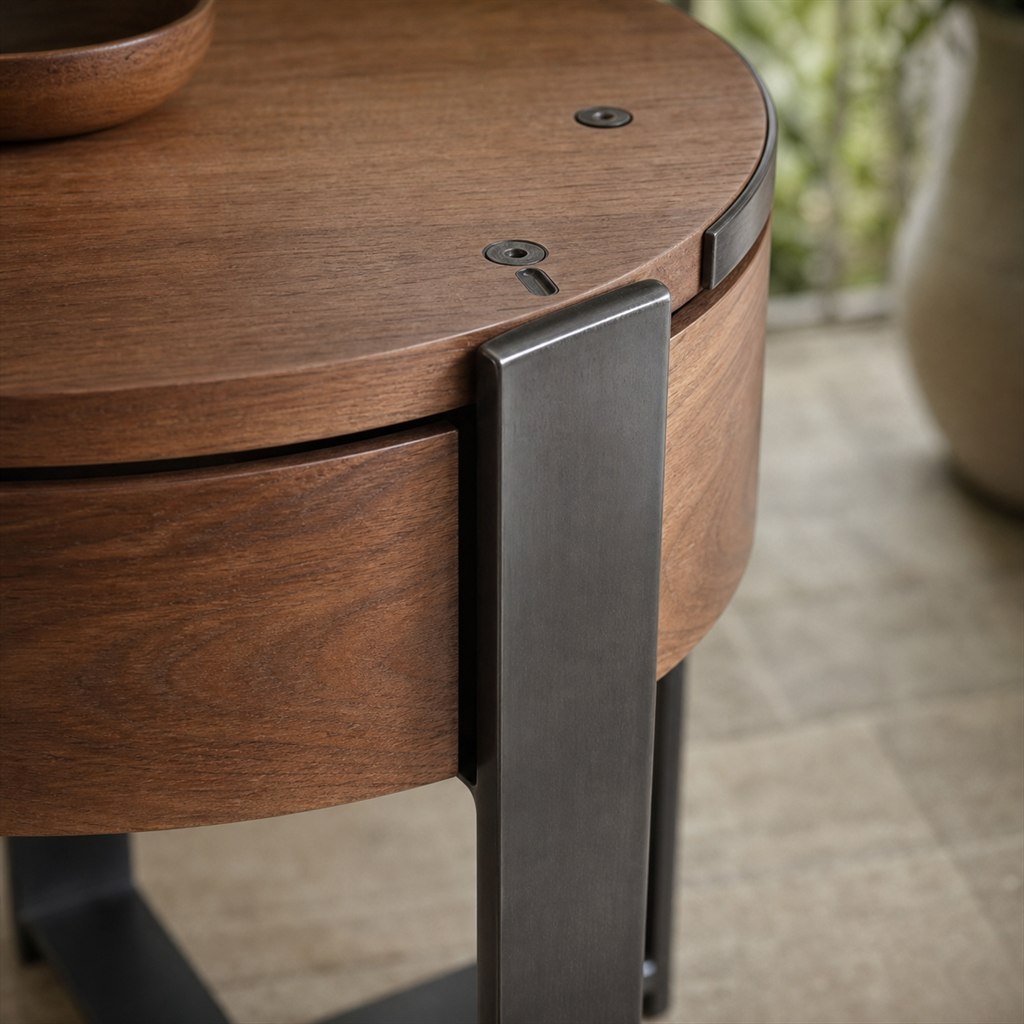 Bedside Table With a Walnut Drawer and Steel Frame - wood-to-steel interface detail