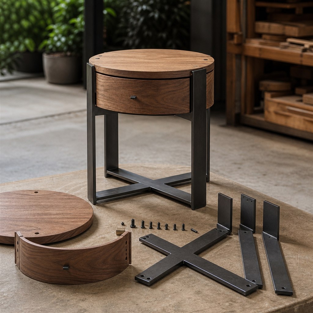 Bedside Table With a Walnut Drawer and Steel Frame - workshop dry-assembly view