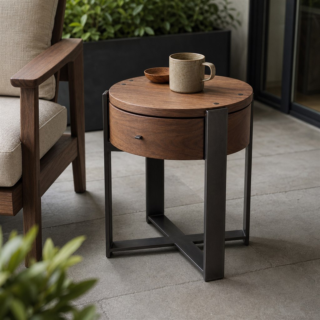Bedside Table With a Walnut Drawer and Steel Frame - finished material detail