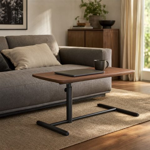 Laptop Side Table With an Adjustable Wood Top and Steel Column