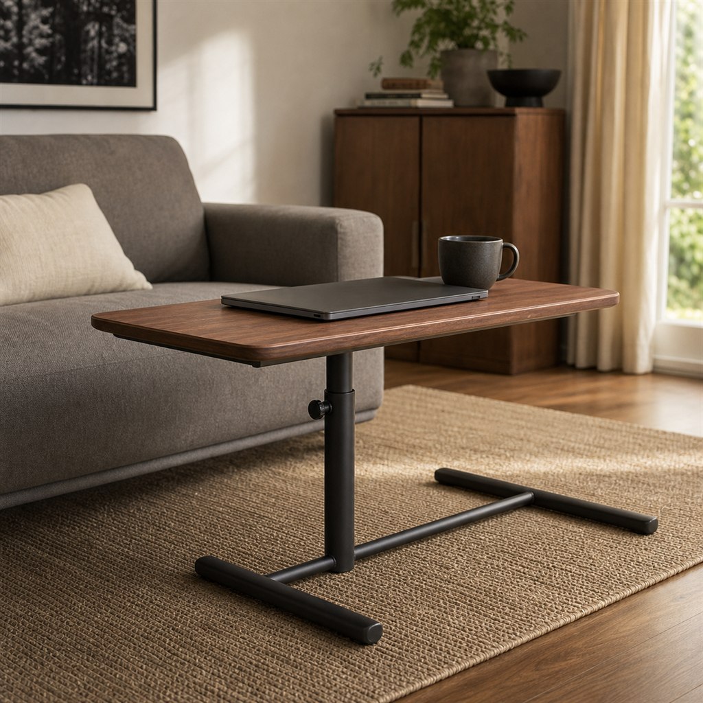 Laptop Side Table With an Adjustable Wood Top and Steel Column - alternate full view