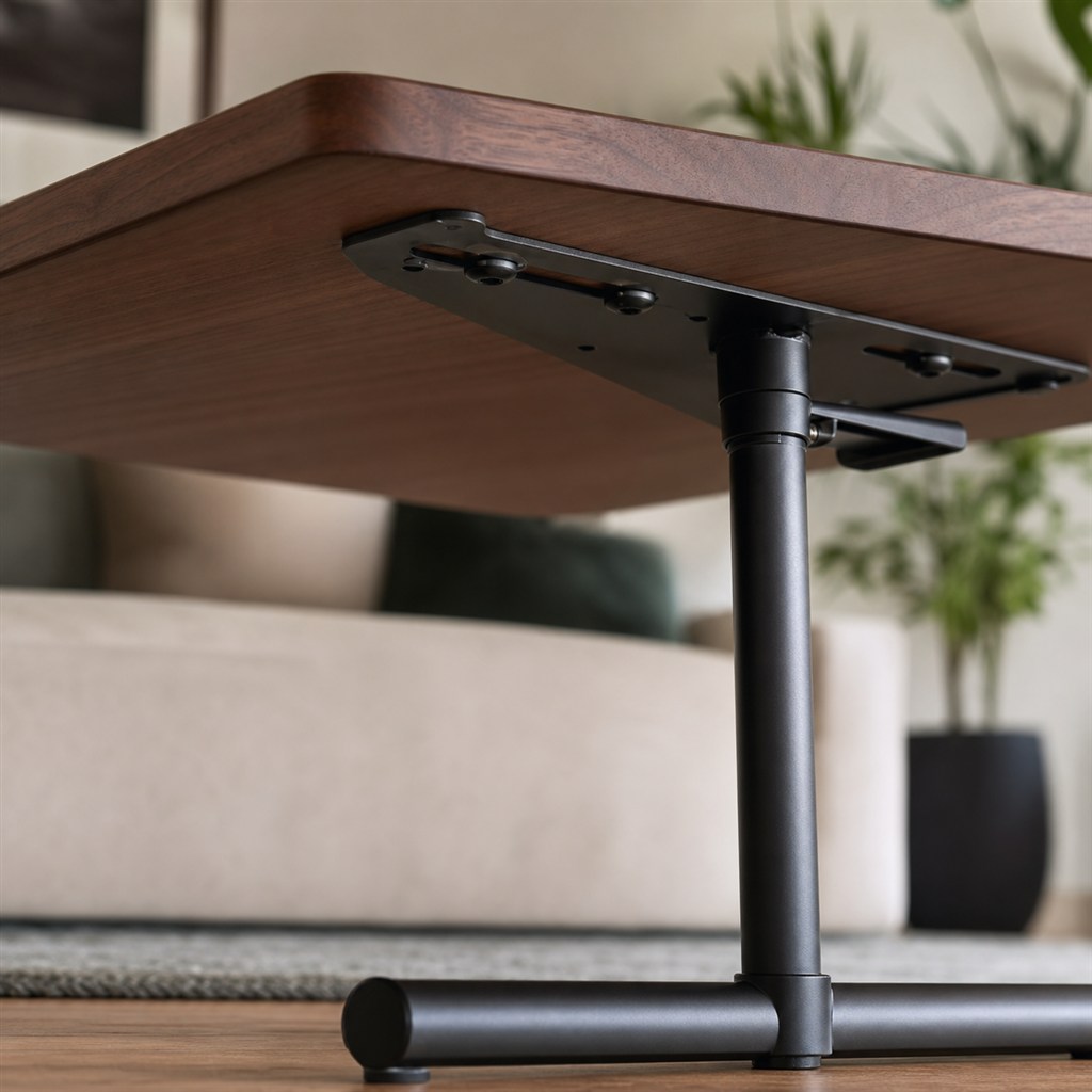 Laptop Side Table With an Adjustable Wood Top and Steel Column - wood-to-steel interface detail