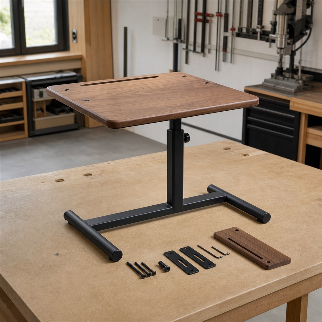 Laptop Side Table With an Adjustable Wood Top and Steel Column - workshop dry-assembly view