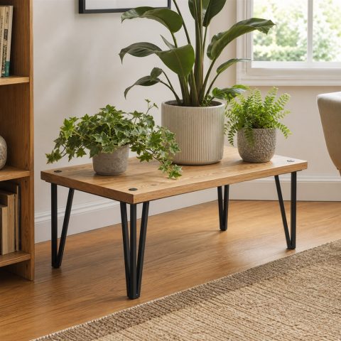 Plant Stand With a Wood Platform and Steel Hairpin Legs