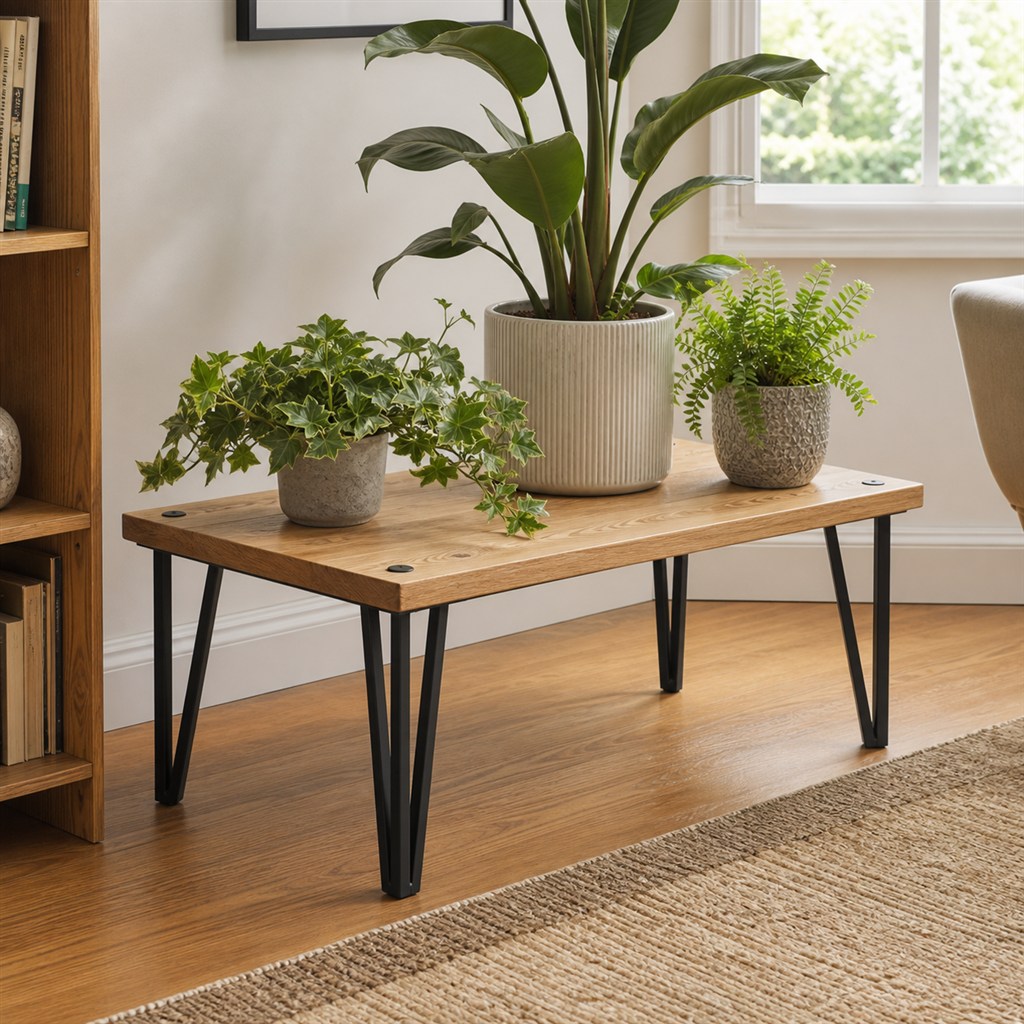 Plant Stand With a Wood Platform and Steel Hairpin Legs