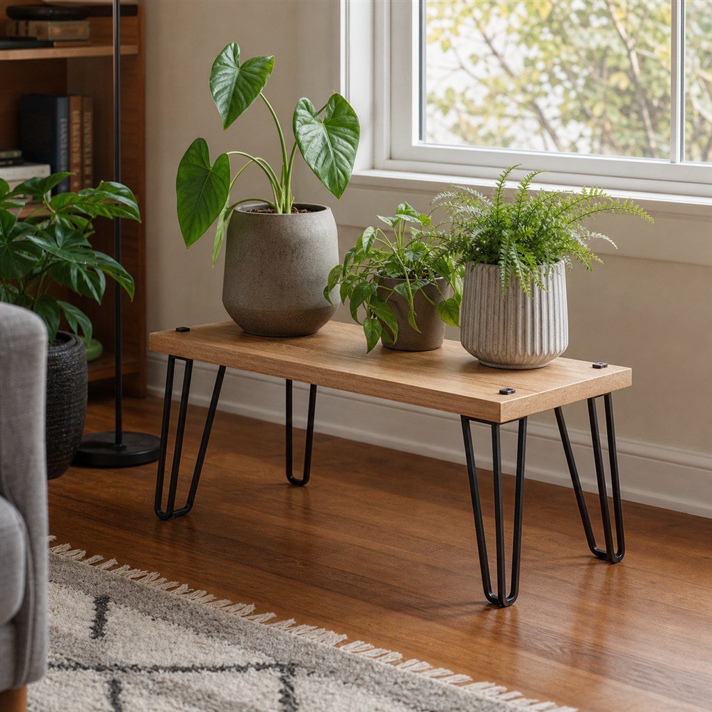 Plant Stand With a Wood Platform and Steel Hairpin Legs - alternate full view