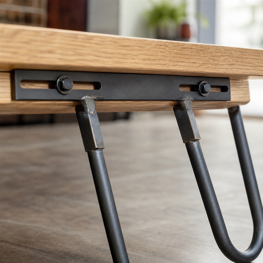 Plant Stand With a Wood Platform and Steel Hairpin Legs - wood-to-steel interface detail