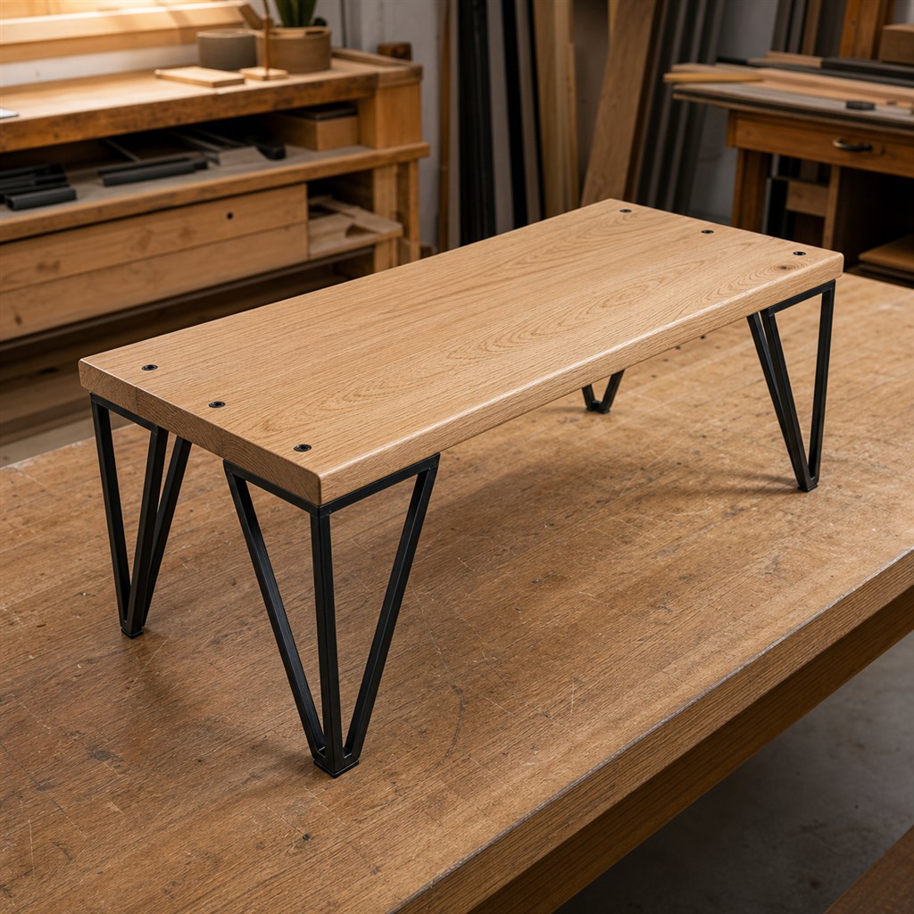 Plant Stand With a Wood Platform and Steel Hairpin Legs - workshop dry-assembly view