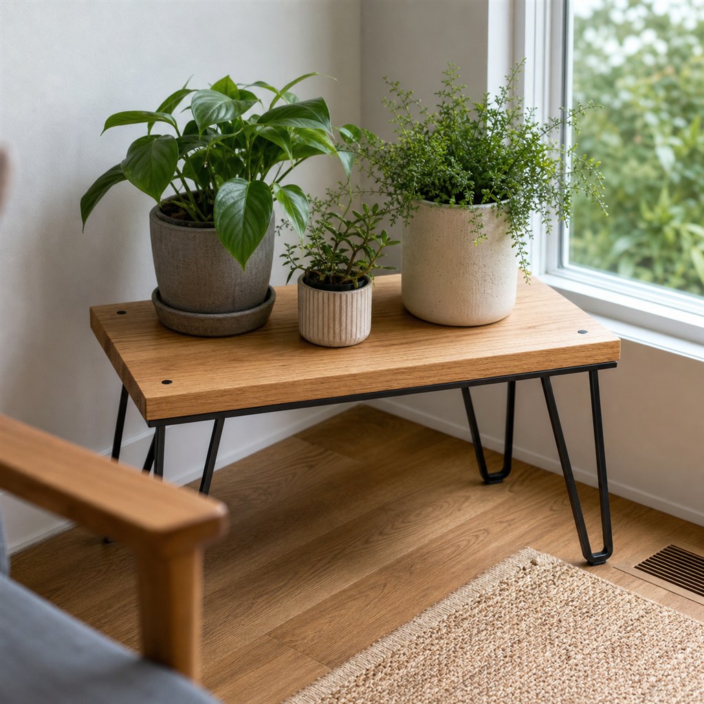 Plant Stand With a Wood Platform and Steel Hairpin Legs - finished material detail
