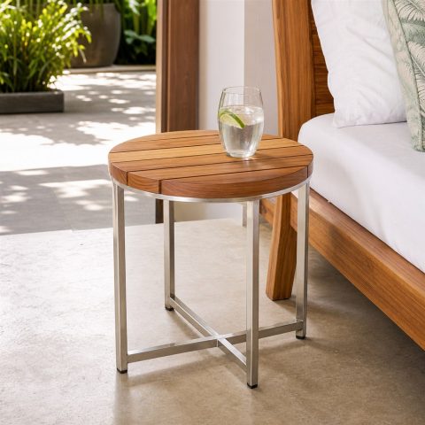 Outdoor Side Table With a Teak Top and Stainless Steel Frame
