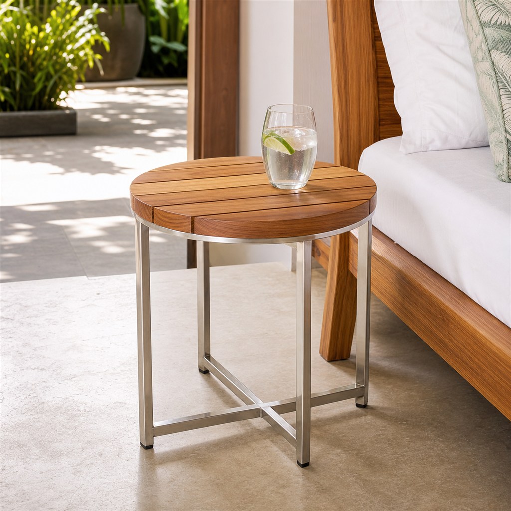 Outdoor Side Table With a Teak Top and Stainless Steel Frame