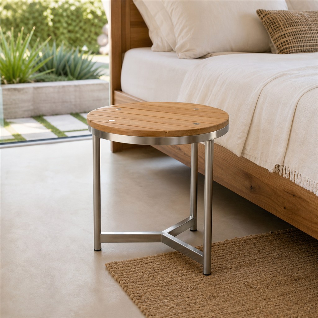 Outdoor Side Table With a Teak Top and Stainless Steel Frame - alternate full view