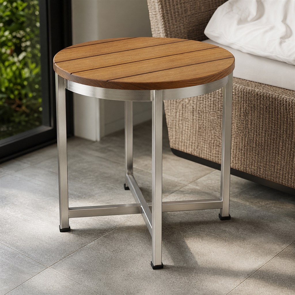 Outdoor Side Table With a Teak Top and Stainless Steel Frame - steel-frame detail