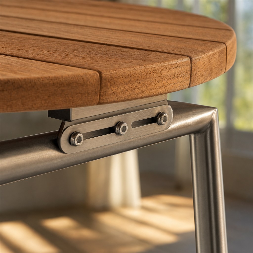 Outdoor Side Table With a Teak Top and Stainless Steel Frame - wood-to-steel interface detail