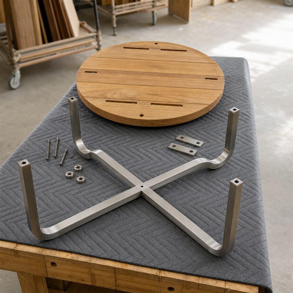 Outdoor Side Table With a Teak Top and Stainless Steel Frame - workshop dry-assembly view