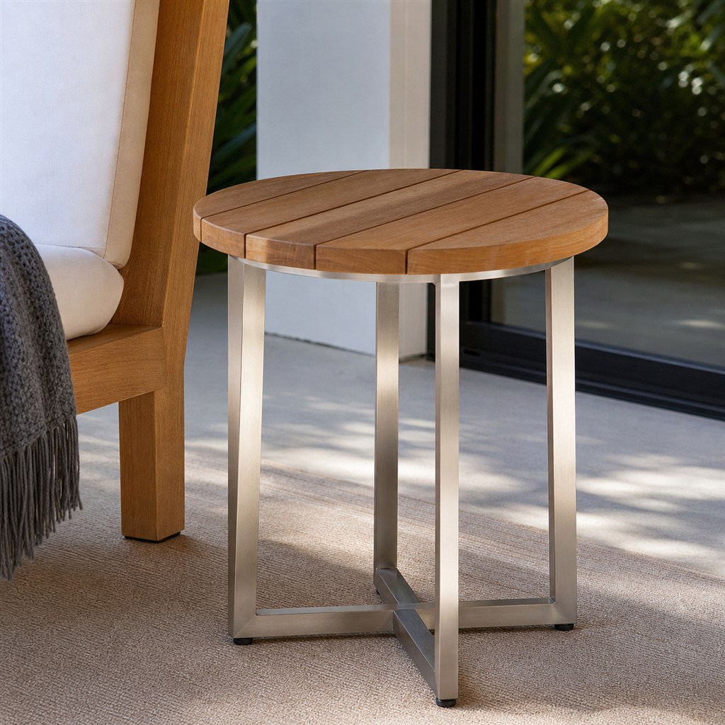 Outdoor Side Table With a Teak Top and Stainless Steel Frame - finished material detail