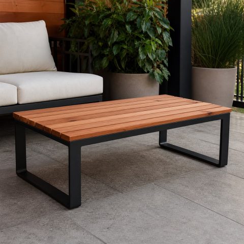Patio Coffee Table With a Slatted Cedar Top and Steel Base