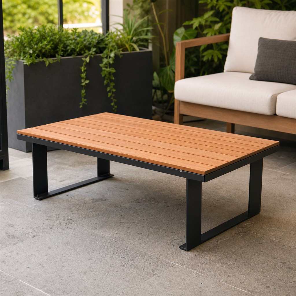 Patio Coffee Table With a Slatted Cedar Top and Steel Base - alternate full view