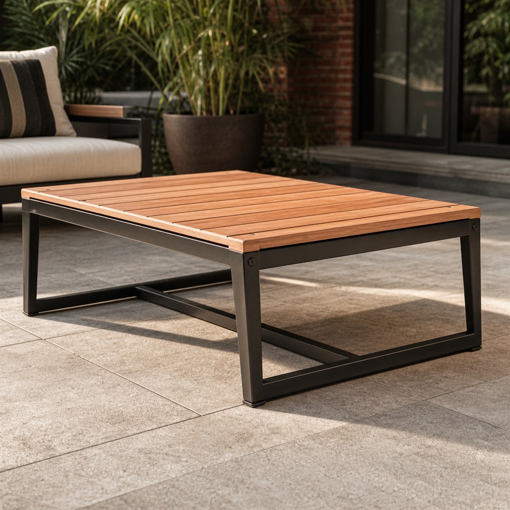 Patio Coffee Table With a Slatted Cedar Top and Steel Base - steel-frame detail